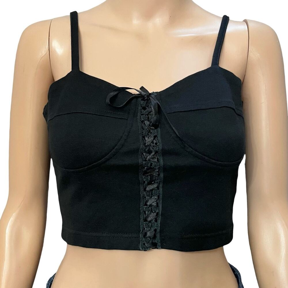 90s VTG Bustier Crop Top Medium Black Lace Up Goth Grunge Lace Trim Tank